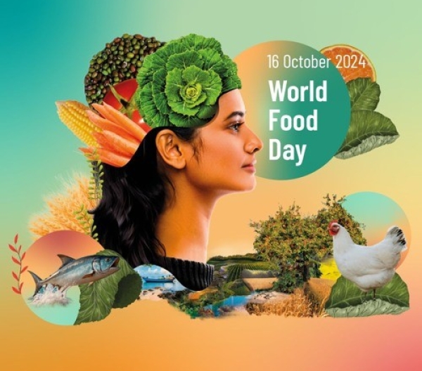 Woman with a headdress made up of vegetables and a text that says "World Food Day"